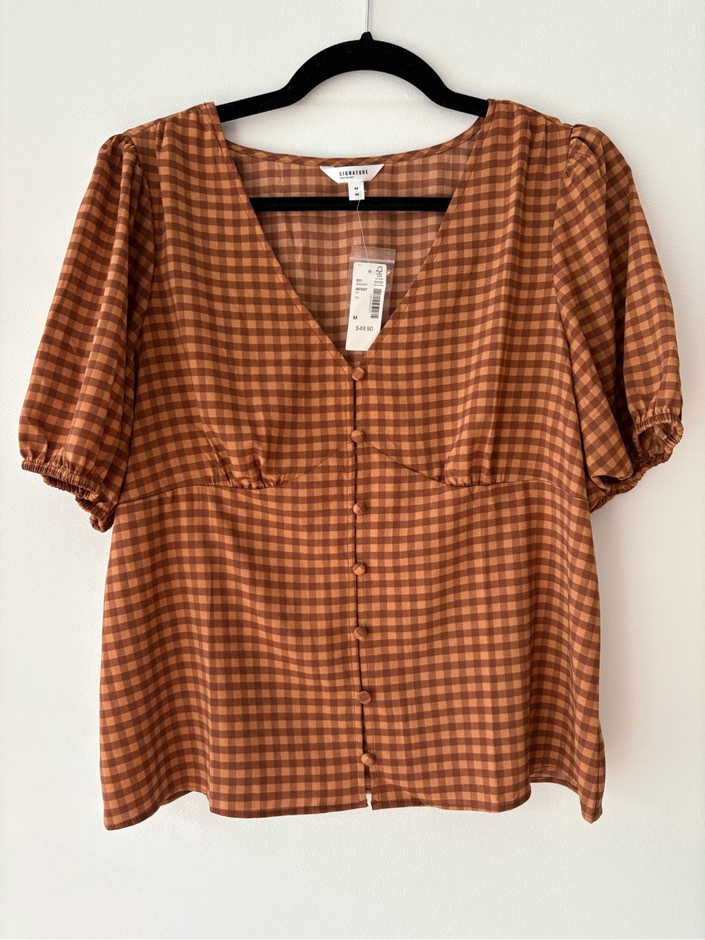 Gingham Brown and Tan Button-Front Blouse - Reitman’s